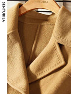SENTUBILA Women 100% Wool Long Wrap Coat 2026 Elegant Notched Collar Belted Warm Double Faced Woolen Winter Overcoat W24O43352