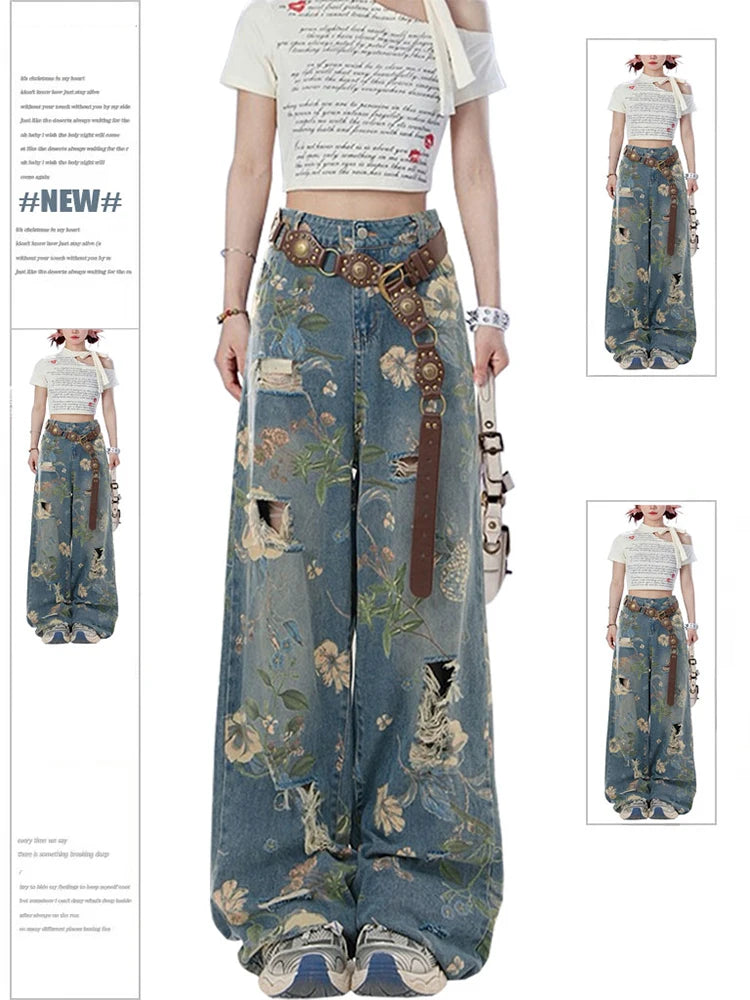 Women Y2k Graphic Print Ripped Jeans Baggy Harajuku 90s Aesthetic Denim Trousers Vintage Japanese 2000s Style Trashy Jean Pants SS69 46.69 Blue / L