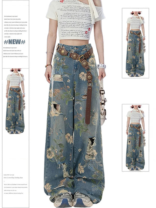 Women Y2k Graphic Print Ripped Jeans Baggy Harajuku 90s Aesthetic Denim Trousers Vintage Japanese 2000s Style Trashy Jean Pants SS69 46.69 Blue / L