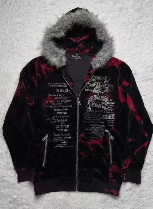 Women Y2K Gothic Zip Up Hoodie Red Faux Fur Collar Embroidery Rhinestone Hooded Jacket Grunge Streetwear Casual Sweatshirt