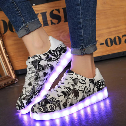 Comemore 2022 Adult Unisex Womens Mens Kid Luminous Sneakers Glowing USB Charge Boys LED Colorful Light-up Shoes Girls Footwear SS69 33.69 black-2 / 34