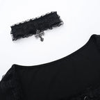 AltGoth Aesthetic Goth T-shirt Women Hotsweet Y2k E-girl 2000s Streetwear Lace Patchwork Square Collar Long Sleeve Crop Tee Tops - SS69