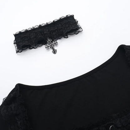 AltGoth Aesthetic Goth T-shirt Women Hotsweet Y2k E-girl 2000s Streetwear Lace Patchwork Square Collar Long Sleeve Crop Tee Tops - SS69
