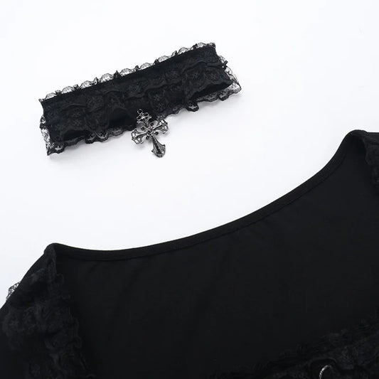 AltGoth Aesthetic Goth T-shirt Women Hotsweet Y2k E-girl 2000s Streetwear Lace Patchwork Square Collar Long Sleeve Crop Tee Tops - SS69