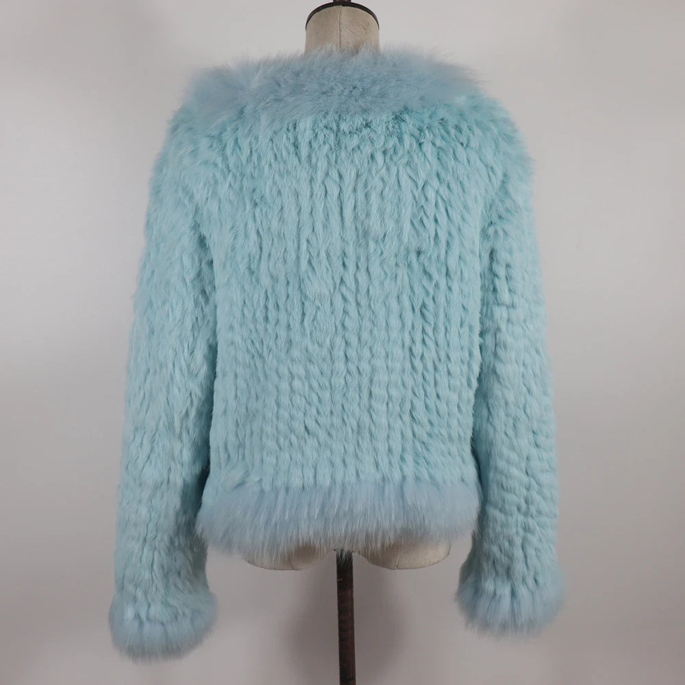 New Women Autumn Winter Knitted Real Rabbit Fur Coat 100% Natural Rabbit Fur Jacket With Fox Fur Collar Overcoat For Female