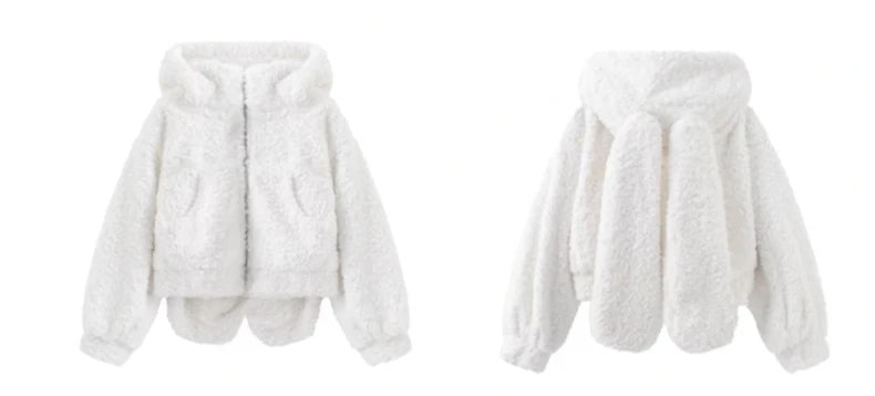 Lautaro Autumn Winter Sweet Cute Lovely Warm Soft White Short Faux Fur Coat Women  with Bunny Ears Fluffy Jacket Hoodie 2023 SS69