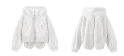 Lautaro Autumn Winter Sweet Cute Lovely Warm Soft White Short Faux Fur Coat Women  with Bunny Ears Fluffy Jacket Hoodie 2023 SS69
