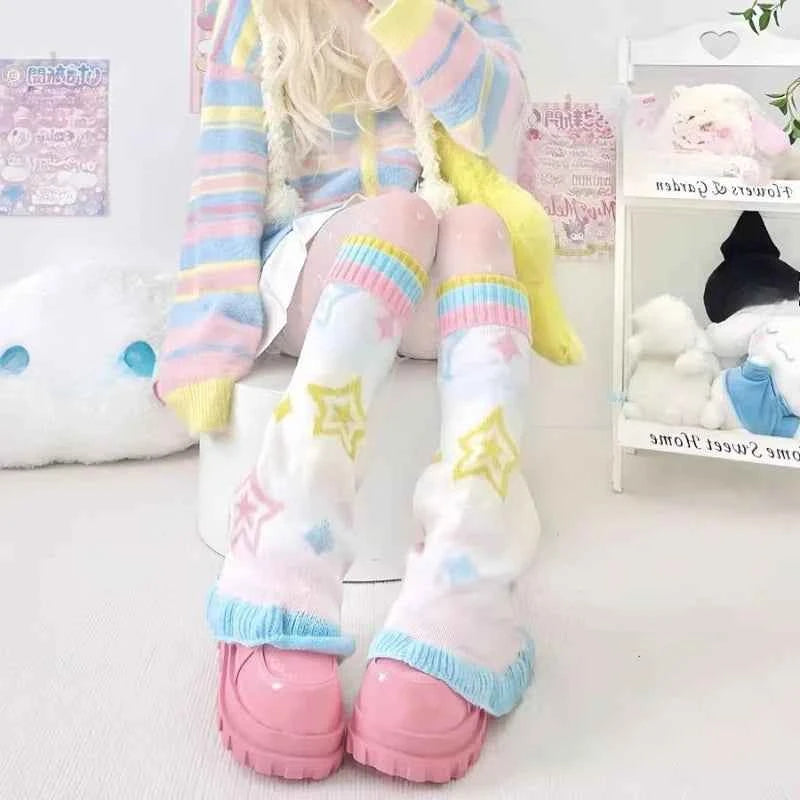 SS69 Japanese Design Y2K Knitted Flared Leg Warmers Colorful Patchwork