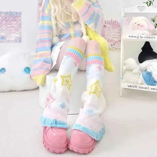 SS69 Japanese Design Y2K Knitted Flared Leg Warmers Colorful Patchwork