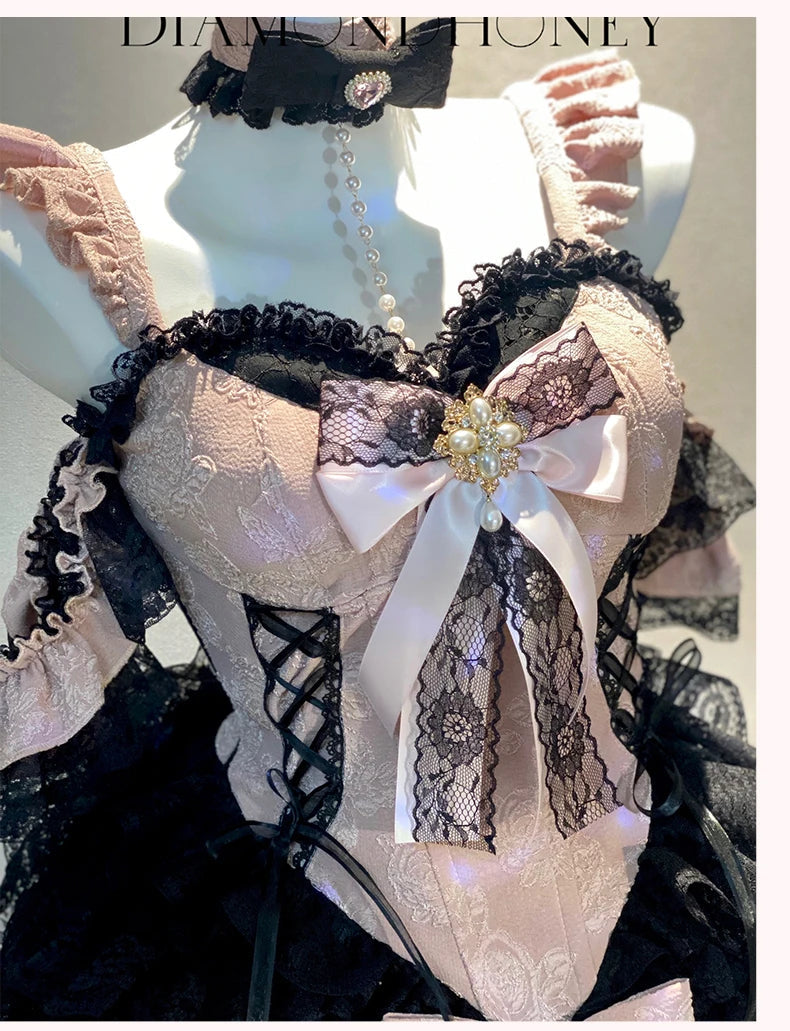 2024 New Spring Summer Ladies Exquisite Lace Skirt Suit Lolita Sweet Womens Black Pink Bow Tube Top Sling Short Cake Skirt Set SS69