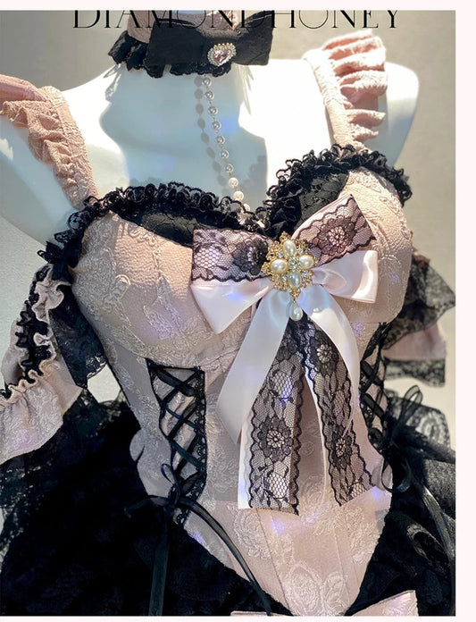 2024 New Spring Summer Ladies Exquisite Lace Skirt Suit Lolita Sweet Womens Black Pink Bow Tube Top Sling Short Cake Skirt Set SS69