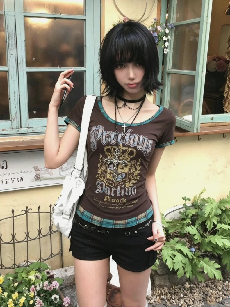 Harajuku Gothic Punk Short Sleeve T-shirts Women Subculture Printed Y2k Crop Top Tees Summer Casual American Vintage T Shirts