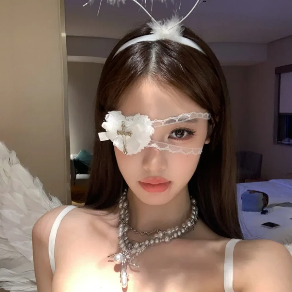 Punk Cross Eye Mask Women Lolita Cosplay Eye Patch Gothic Halloween Heart Bow Lace Eyewear Accessories Xmas Gifts SS69