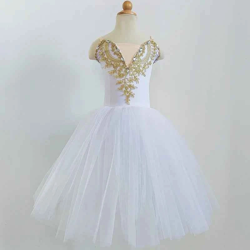 Girls Ballet Tutu Dress Gymnastics Leotard White Long Ballet Dresses Girls Princess Ballerina Dance Costume Birthday Party Dress