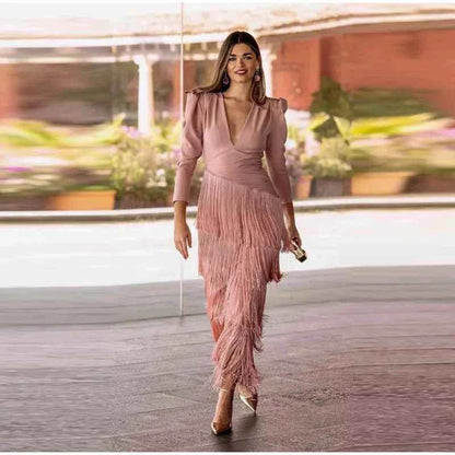 Women Stacked Tassel Maxi Dress Elegant Deep V Neck Full Sleeve Slim Fit Long Gowns Lady New Evening Party Fashion Robes 2025