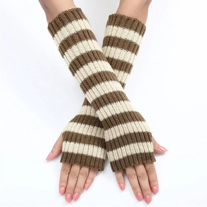 Lolita Striped Women's Knitted Fingerless Arm Sleeves Halloween Gothic Style Long Arm Warmers Girls Punk Striped Elbow Gloves SS69 12.69 Beige / One Size