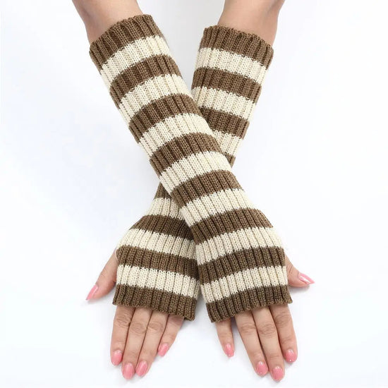Lolita Striped Women's Knitted Fingerless Arm Sleeves Halloween Gothic Style Long Arm Warmers Girls Punk Striped Elbow Gloves SS69 12.69 Beige / One Size