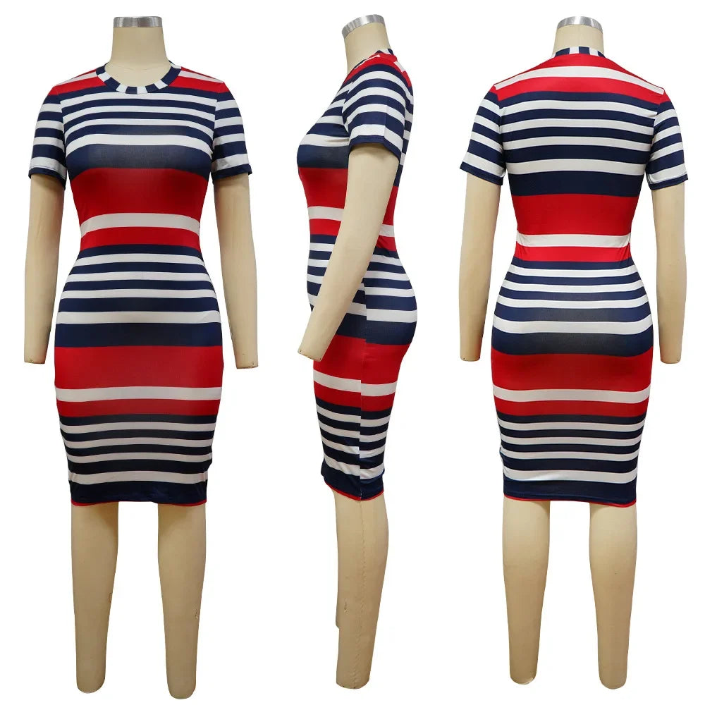 Summer New Women O-Neck Short Sleeve Leaf Striped Print Bodycon Knee Length Dress Sexy Partynight Club Dress SS69
