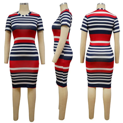 Summer New Women O-Neck Short Sleeve Leaf Striped Print Bodycon Knee Length Dress Sexy Partynight Club Dress SS69