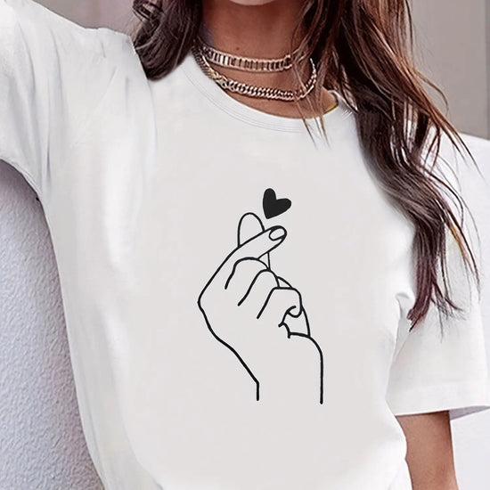 Cute Print Solid Crew Neck T-Shirt, Short Sleeve Casual Every Day Top For All Season, Women's Clothing SS69 10.69 FQ023B White / S