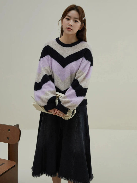 DUSHU Loose Soft Sticky Stripe Knit Shirt Pullovers Winter 2023 New Peruvian Alpaca Wool Inner Layer Knit Pullovers For Women SS69