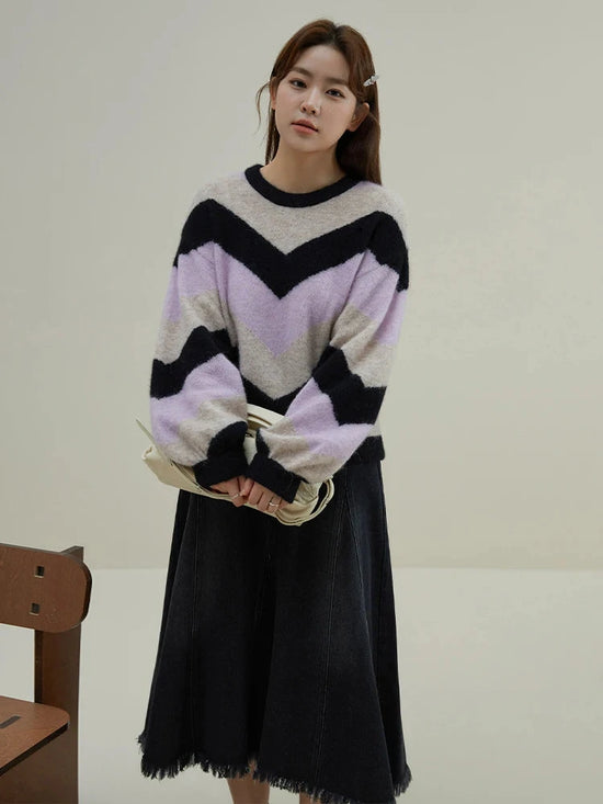 DUSHU Loose Soft Sticky Stripe Knit Shirt Pullovers Winter 2023 New Peruvian Alpaca Wool Inner Layer Knit Pullovers For Women SS69