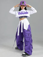 Girls K-Pop Street Dance Outfit: Purple Crop Top & Cargo Pants