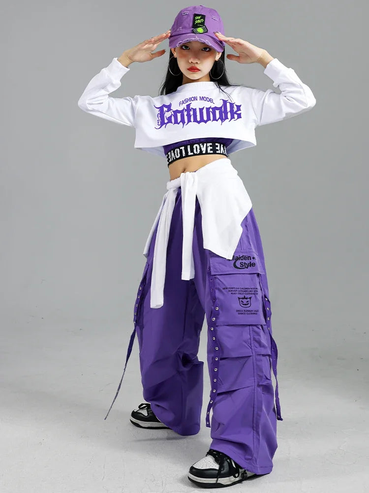 Girls K-Pop Street Dance Outfit: Purple Crop Top & Cargo Pants