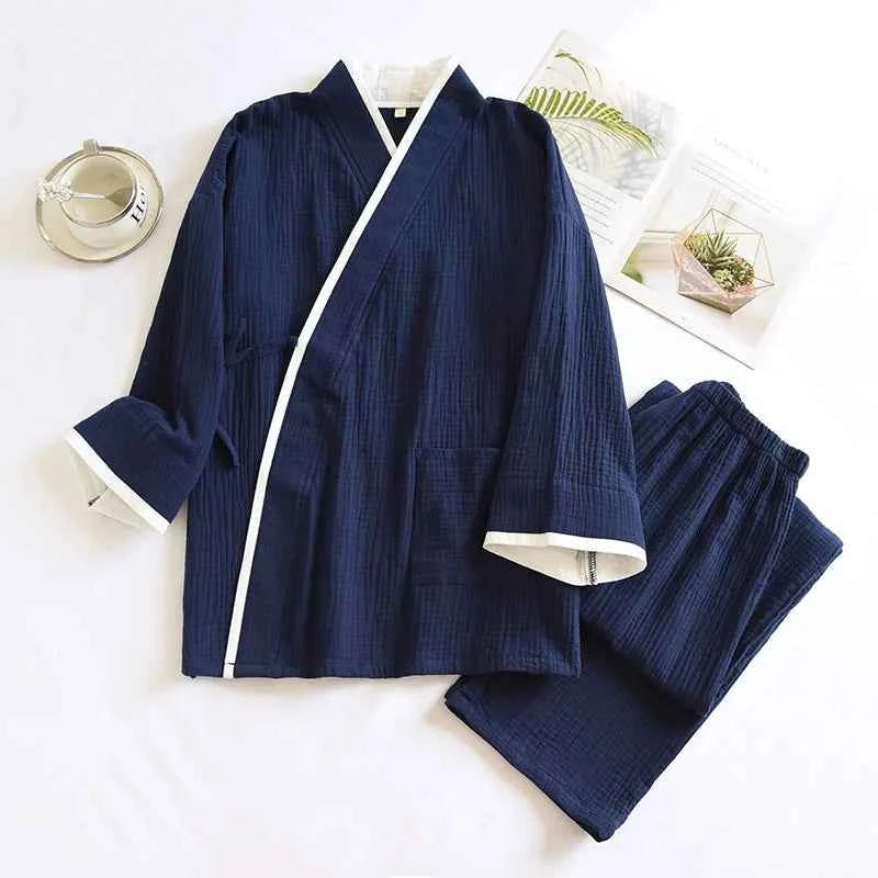 Japanese Style Spring and Autumn Thin Men's Kimono Hanfu Pure Cotton Gauze Pajamas Plus Size Home Steaming Suit