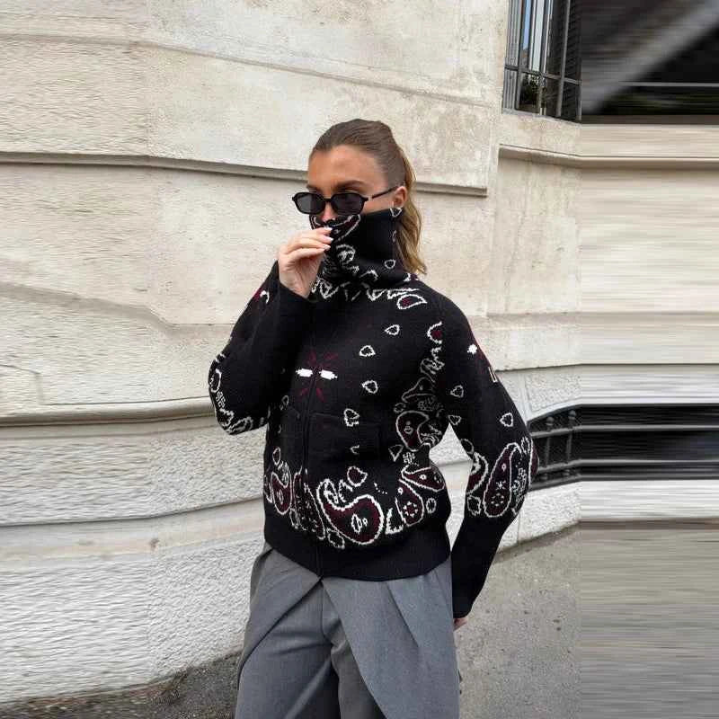 Warm Printed High Collar Knit Cardigans Women Contrast Jacquard Zipper Full Sleeve Pocket Sweater 2026 Spring Lady Chic Knitwear