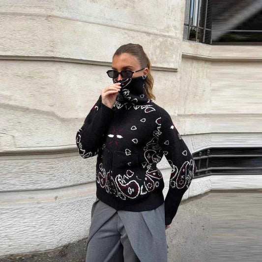 Warm Printed High Collar Knit Cardigans Women Contrast Jacquard Zipper Full Sleeve Pocket Sweater 2026 Spring Lady Chic Knitwear