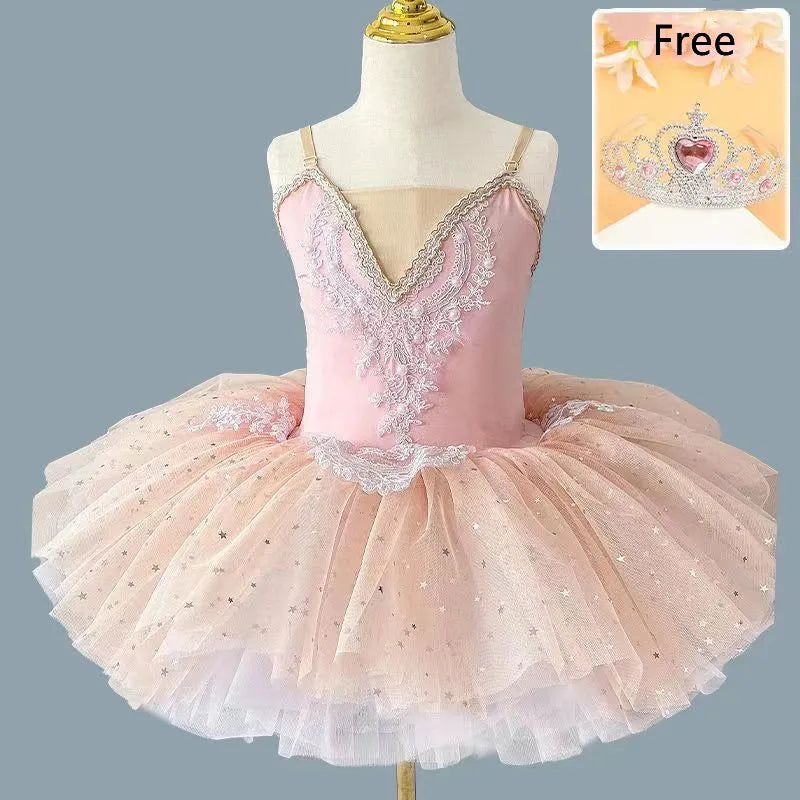 Girls Ballet Tutu Dress with Crown - Blue & Pink Nylon
