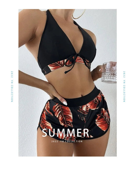 Women 2024 New Bikinis 6 Colors Sexy Halter Bikini 3 Piece Set Leafs Print High Waisted Swimsuit Beach Bathing Suit Size S-XXL SS69