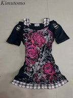 Kimutomo Women T Shirts Vintage Flowers Printed Short Sleeve Spring Summer Fashion Slim Grunge Gothic Y2k Harajuku Tops Ladies