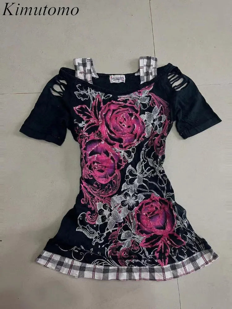 Kimutomo Women T Shirts Vintage Flowers Printed Short Sleeve Spring Summer Fashion Slim Grunge Gothic Y2k Harajuku Tops Ladies