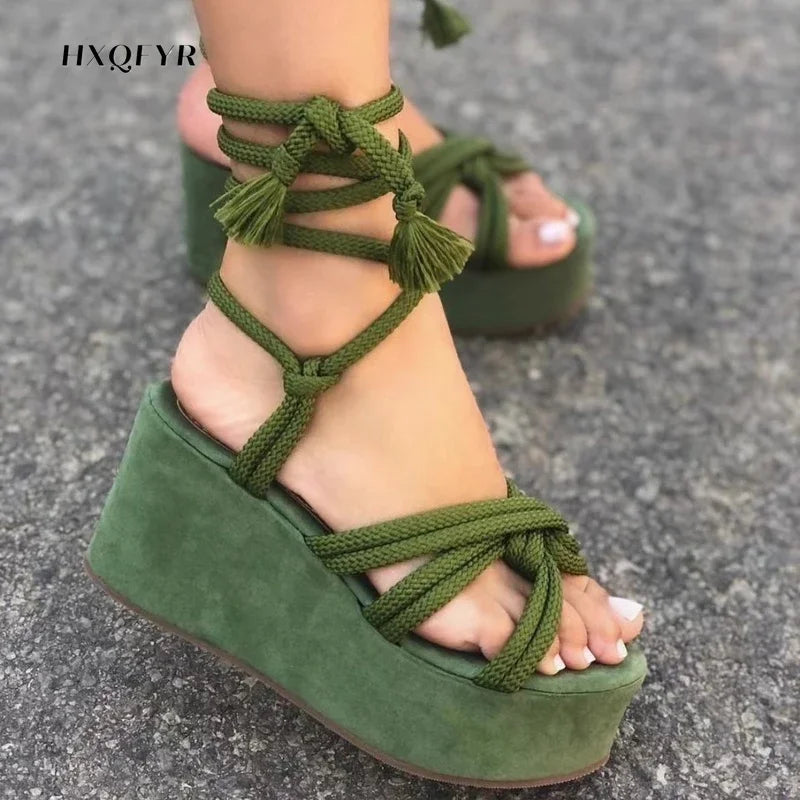 Sandal Women Summer Fashion  Sandals  Women's Wedge Sandals Cross Straps Casual Women's Shoes Women High Heels SS69 17.69 ArmyGreen / 42