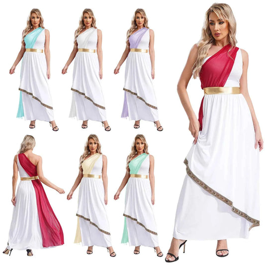 Womens Ancient Greek Princess Dress Goddesses Toga Costume for Halloween Carnival Party Deity Queen Cosplay Chiffon Robe Gown