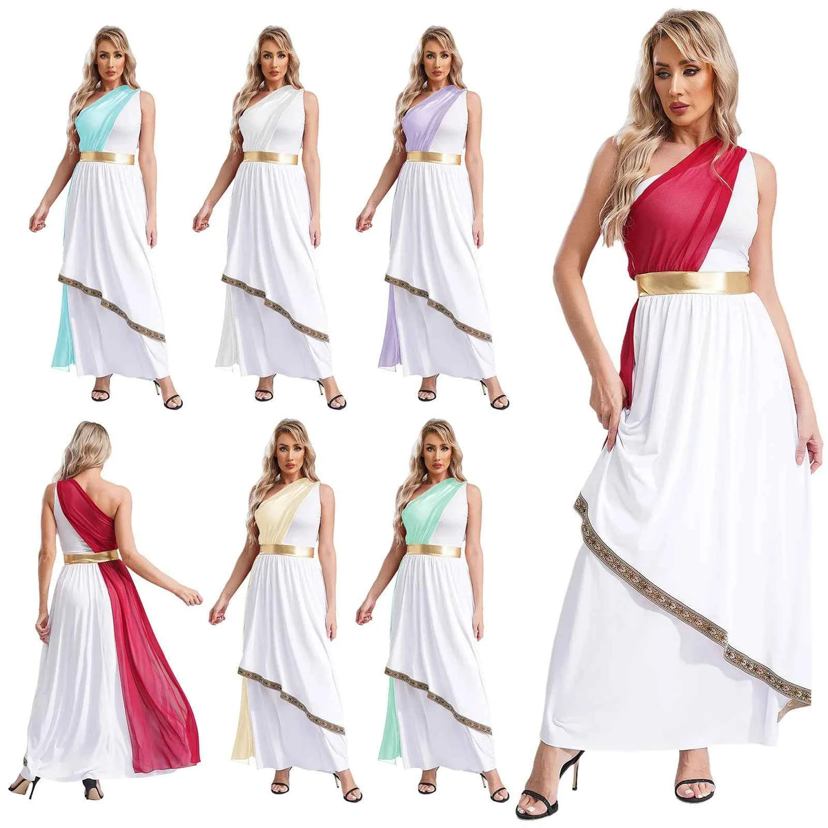Womens Ancient Greek Princess Toga Goddesses Costume Grecian One Shoulder Chiffon Overlay Vintage Trim Tunic Dress Gown Dress
