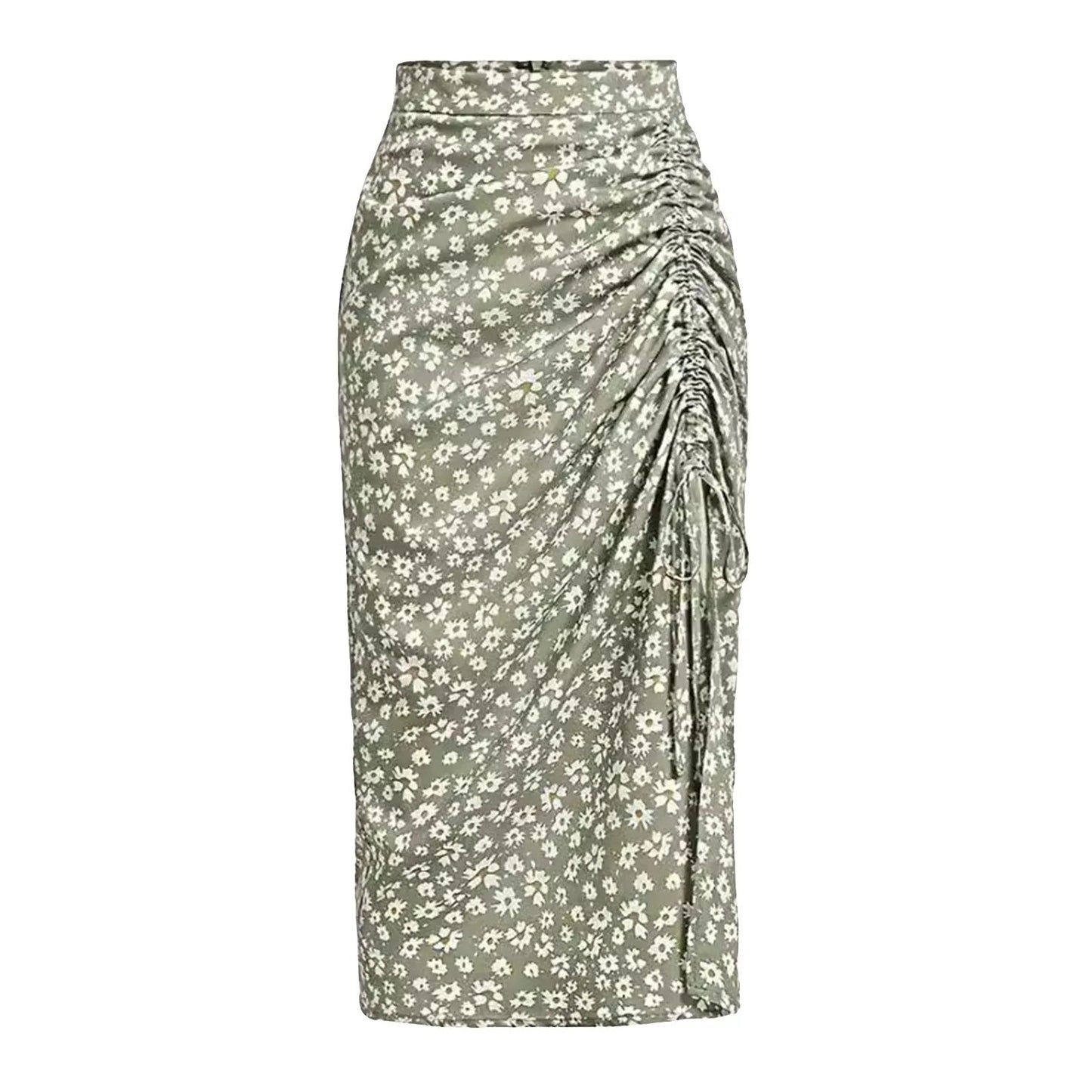 Women's Summer Vacation Little Floral Print Splits Bodycon Skirt Elegant Sexy Drawstring Ruched Bohemian Beach Midi Skirs SS69 8.69 Green / XXL / United States
