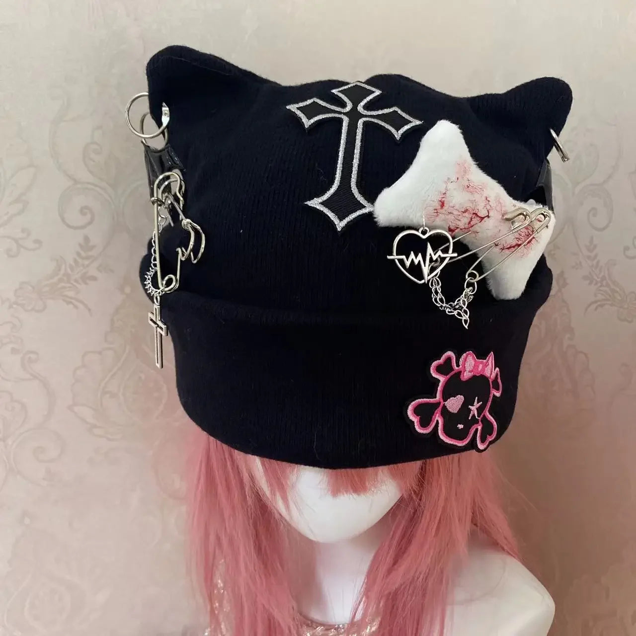 Gothic Punk Cat Ear Hat Cross Skeleton Knitted Black Y2K Girl Subculture Cute Lace Net Hat Chinese Brand None( AE Stock) SS69