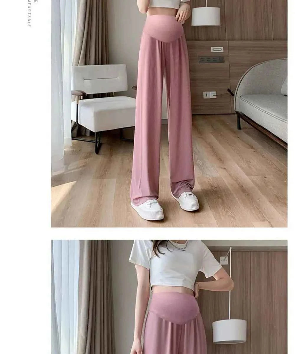Summer Women's Maternity with Pockets Large Size Maternity Trousers Outside Wearing Thin Section of Ice Silk Draped Wide-Legged