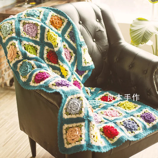 SS69 Handmade Crocheted Rose Acrylic Throw Blanket, 48x75cm Rustic Decor