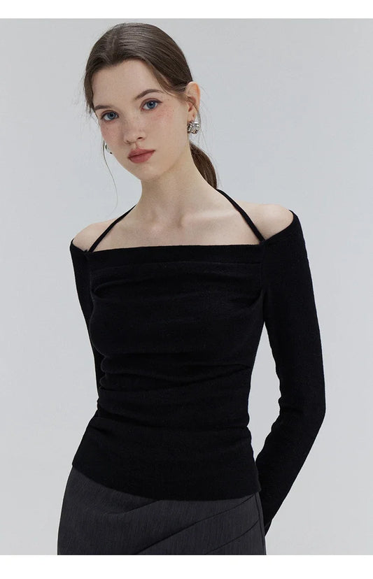 EGGKA Autumn One-shoulder Halter Neck Knitted Tops Women Slim Designer T-Shirts Slash Neck Long Sleeve Tops Korean Fashion Tees - SS69