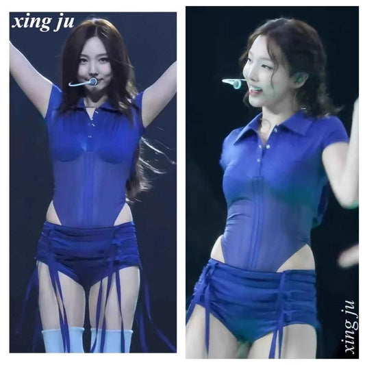 Xing Ju Women'S Mesh Jumpsuits Tassel Tight Shorts Jazz Dance Costumes Singer Kpop Outfits Nightclub DJ Stage Performance Wear