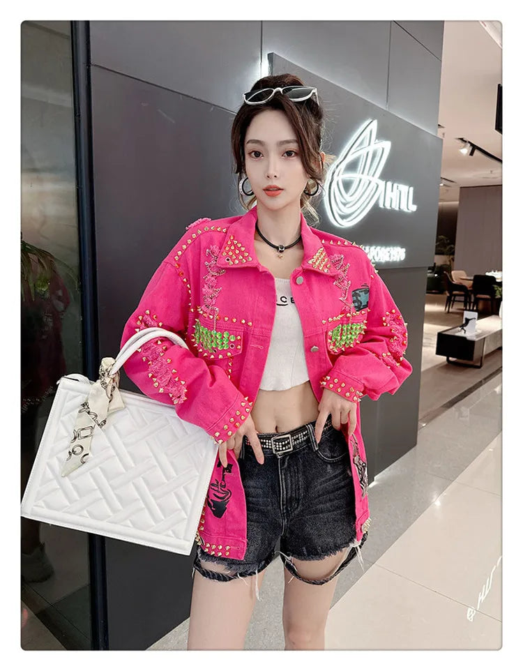 Women Graffiti Printed Rivets Denim Jacket Loose Holes Diamonds Jeans Coat Sequined Cowboy Ripped Streetwear Cardigan Ins Tops SS69