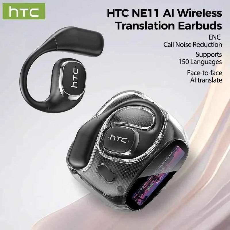 HTC NE11 Earphones Bluetooth V6.0 AI Translator Earbuds Open-Ear Wireless Headphones LCD Screen BASS Stereo 8 Hours Long-life