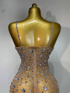Luxury Rhinestones Sexy Mesh See Through Bodycon Dress Women Birthday Evening Cocktail party Gown Red Carpet Club Stage Outfit