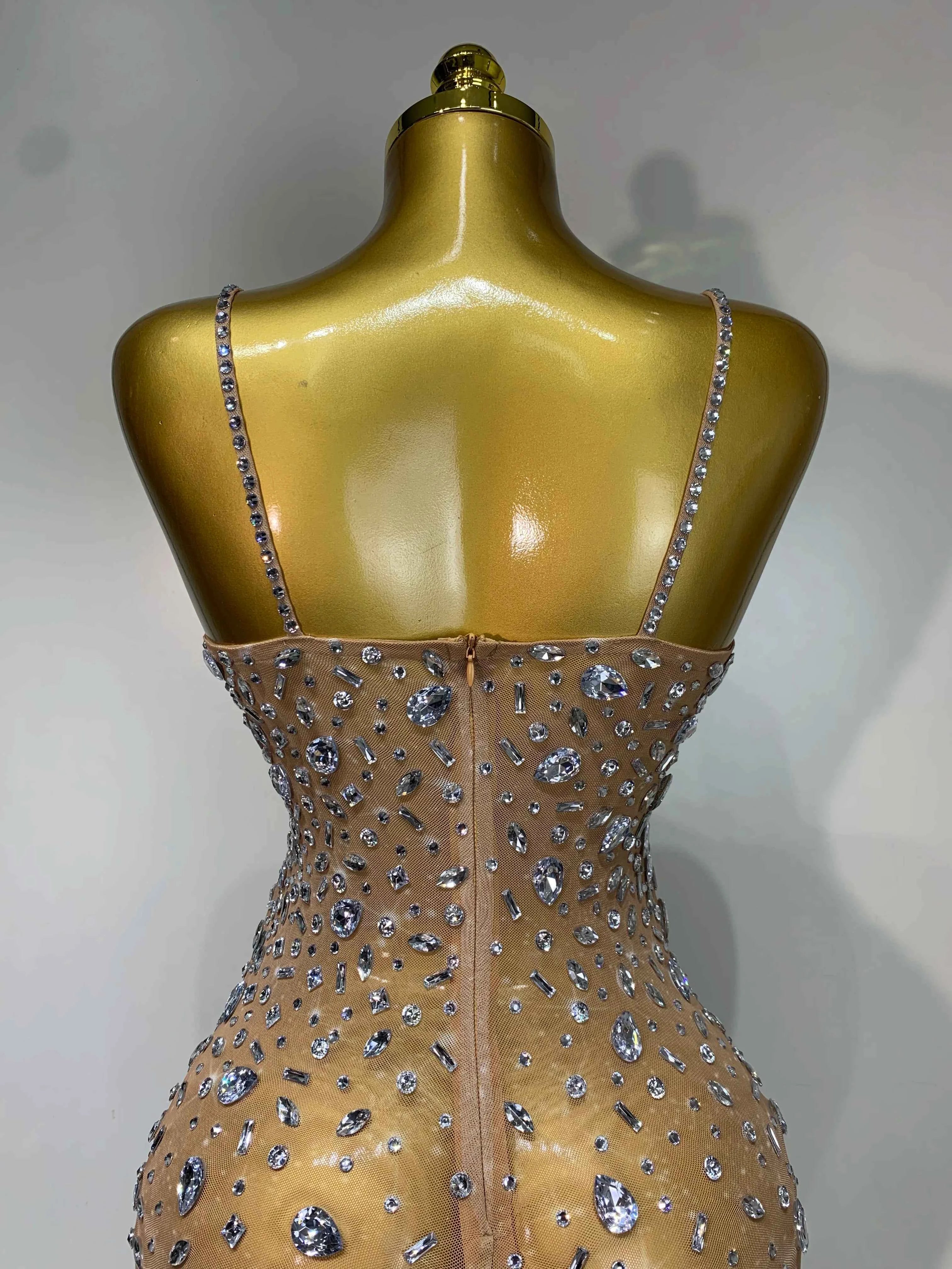 Luxury Rhinestones Sexy Mesh See Through Bodycon Dress Women Birthday Evening Cocktail party Gown Red Carpet Club Stage Outfit
