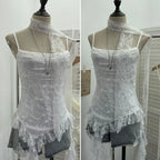 Women's Vintage Tie-dye Printed Mesh Spaghetti Strap Camisole Hot Girl Irregular Ruffled Ribbon Sleeveless Top Partyclub 1185