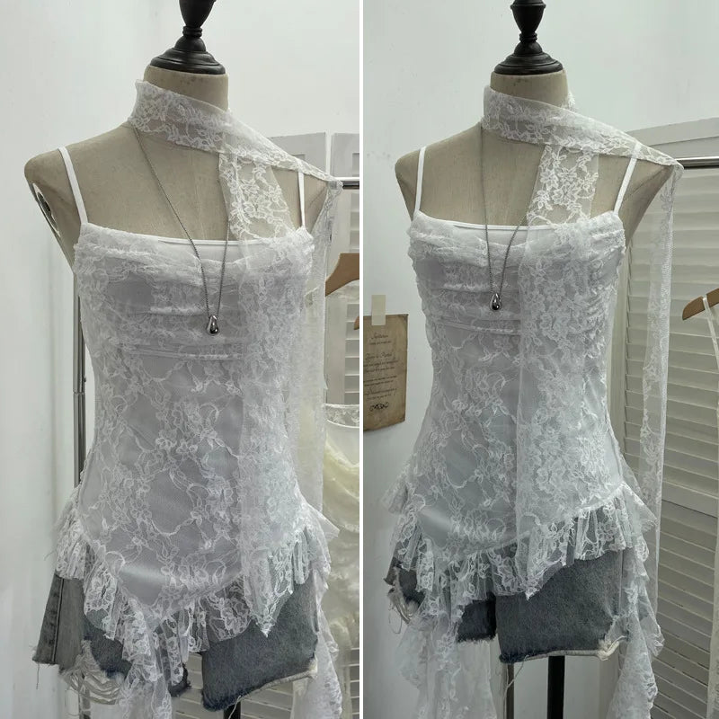 Women's Vintage Tie-dye Printed Mesh Spaghetti Strap Camisole Hot Girl Irregular Ruffled Ribbon Sleeveless Top Partyclub 1185